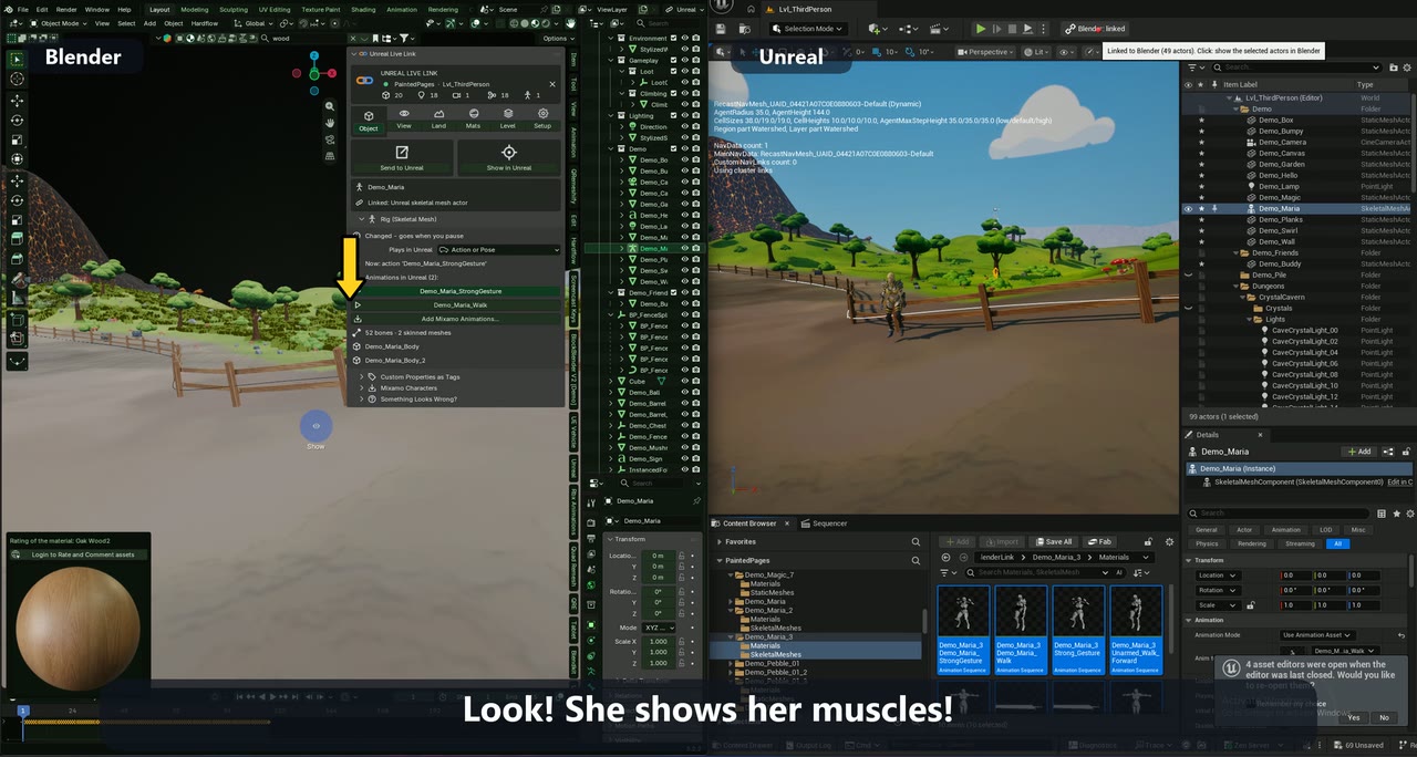 An animated character imported in Blender plays the same animation in Unreal.