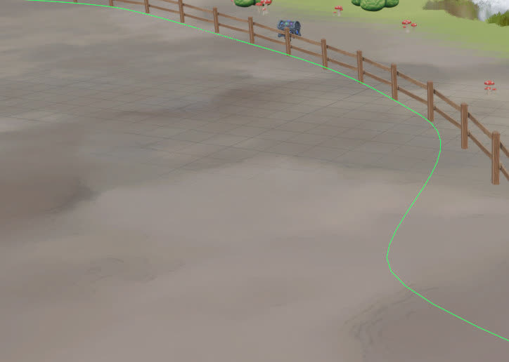 The same fence in Blender with its spline shown as a green curve.