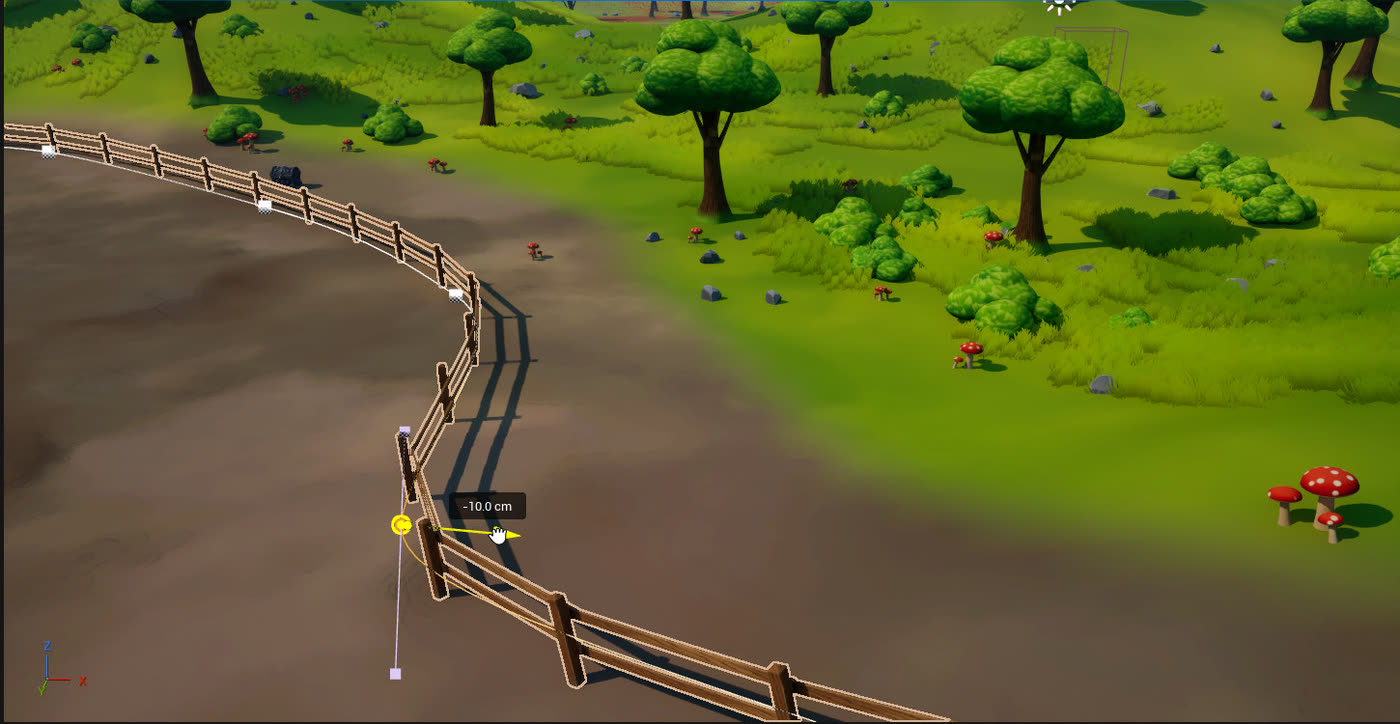 A wooden fence Blueprint in Unreal following a curved path.