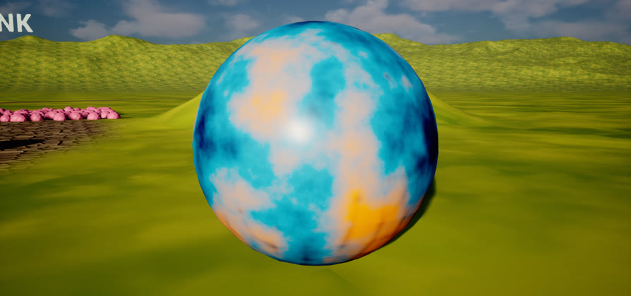 A procedural marbled sphere rendered in Unreal from a Blender node tree.