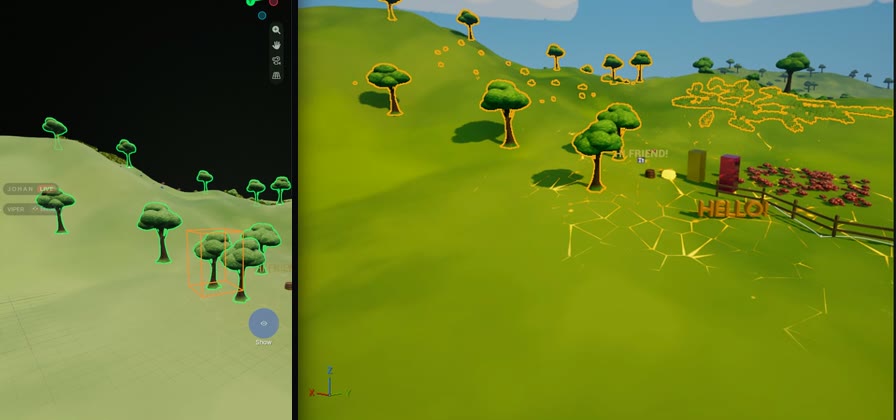 One tree selected among Unreal's foliage in Blender, with the same trees highlighted in Unreal.