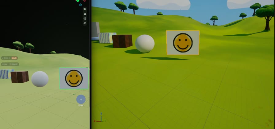 A smiley face painted on a canvas in Blender appears on the same canvas in Unreal.