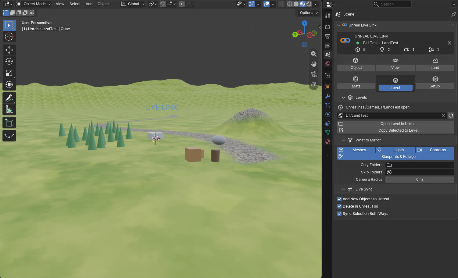 Blender's 3D view showing a linked Unreal level, with the link panel open on the right.