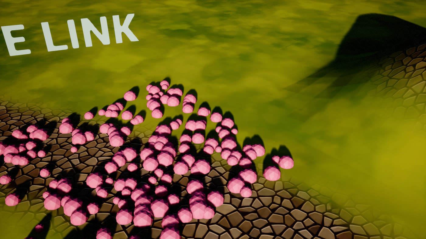 Hundreds of pink mushrooms scattered over a stone path in Unreal by Geometry Nodes.