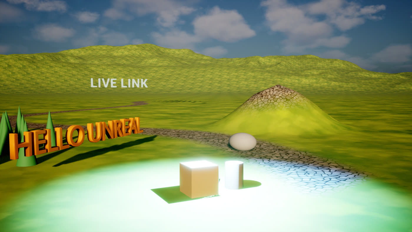 Orange 3D letters reading HELLO UNREAL standing in an Unreal level.